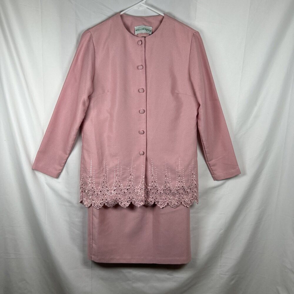 Vtg Willow Ridge 2-Piece Skirt Suit 4P Pink Made In USA Embroidered Button Up